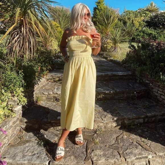 Yellow Smocked Bodice Dress Midi - Picture 1 of 7
